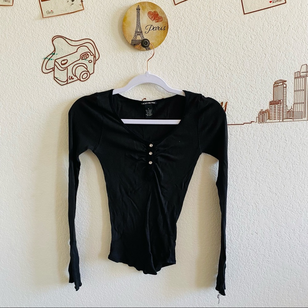Lucky Brand Black Ribbed Long Sleeve Button Detail Round Neck Top Size Small